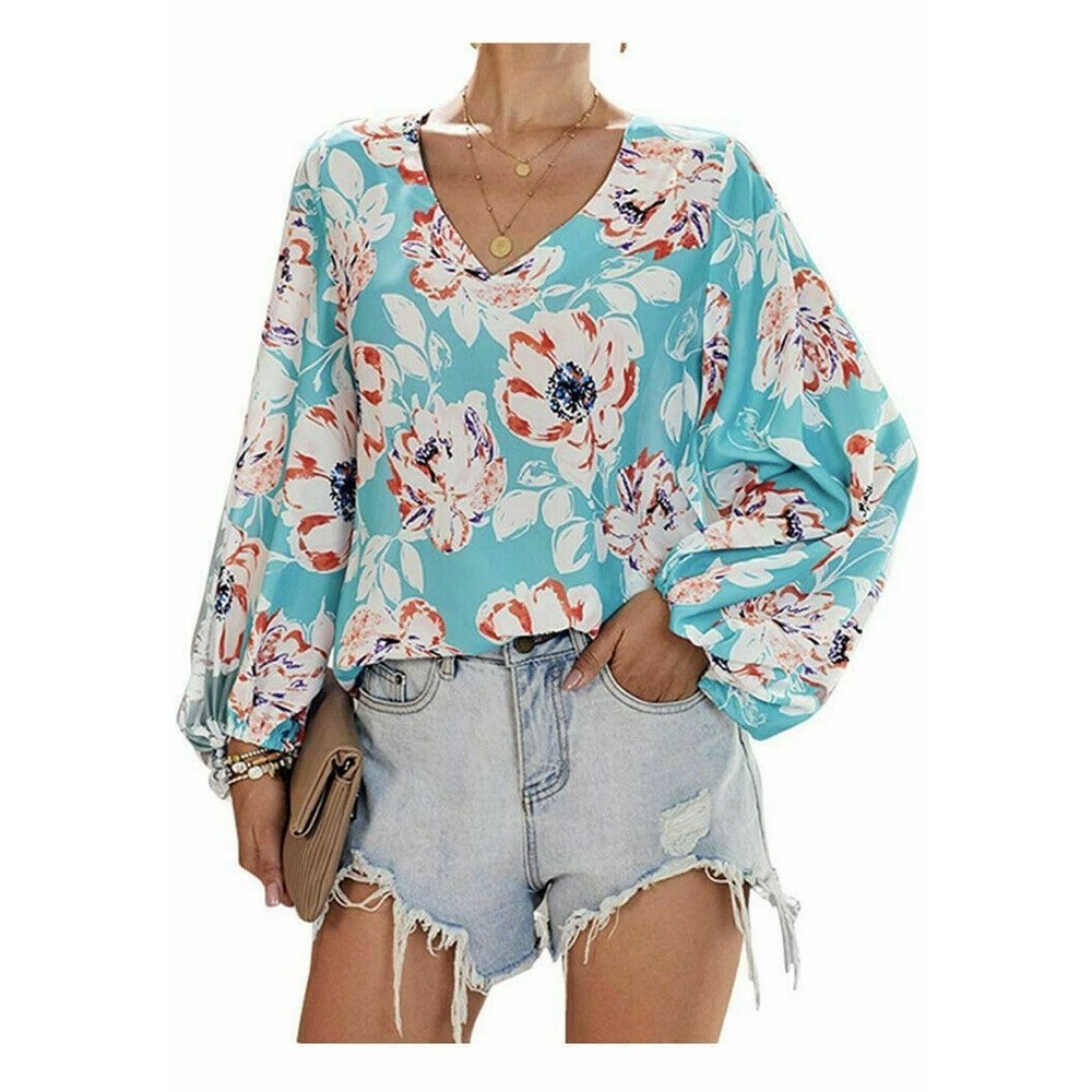 Fancyqube Woman's V Neck Drap‎ Bell Sleeve Blouse Floral Printed Bohemian Sz L